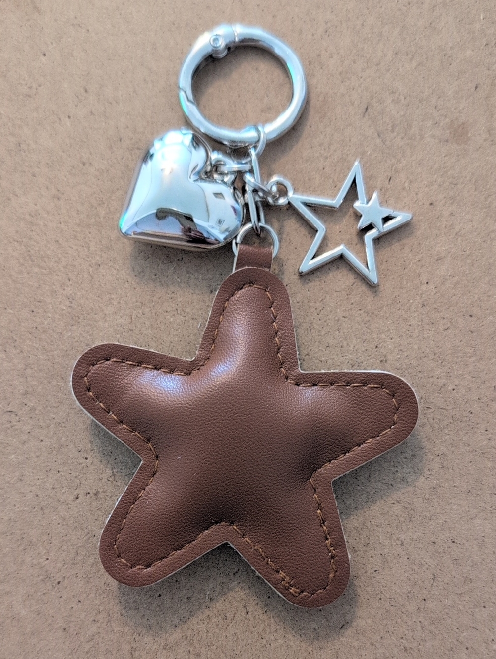 Brown Star Leatherette Keyring with Silver Charms